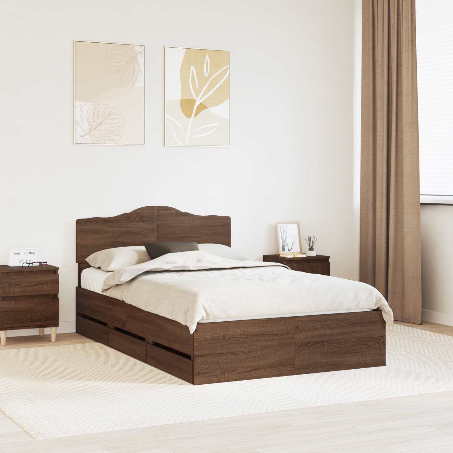 Bed Frame with Drawer Brown Oak 135 x 190 cm Engineer Wood
