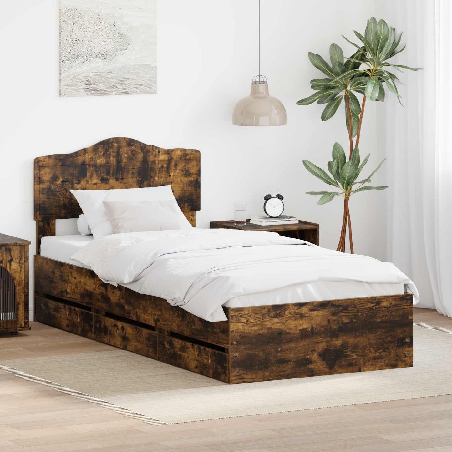 Bed Frame with Drawer Smoked Oak 90 x 200 cm Engineer Wood