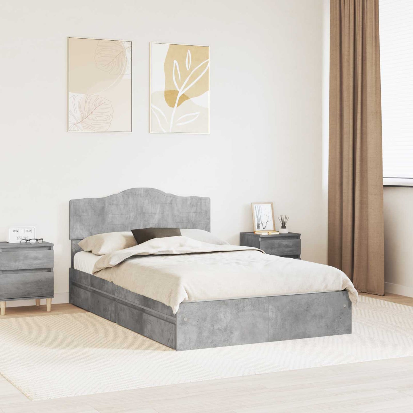 Storage Bed Concrete Grey 135 x 190 cm Engineered Wood