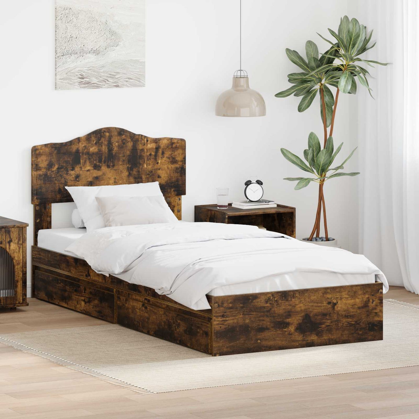 Storage Bed with Drawer Smoked Oak 90 x 200 cm Engineered Wood
