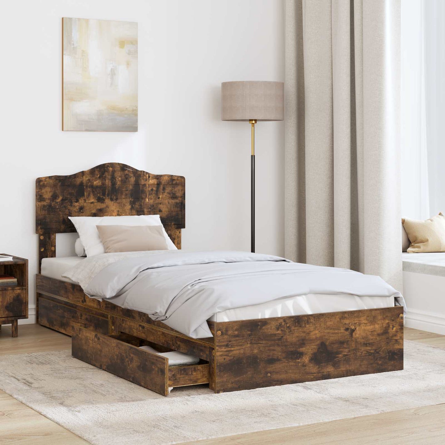 Storage Bed with Drawer Smoked Oak 90 x 200 cm Engineered Wood