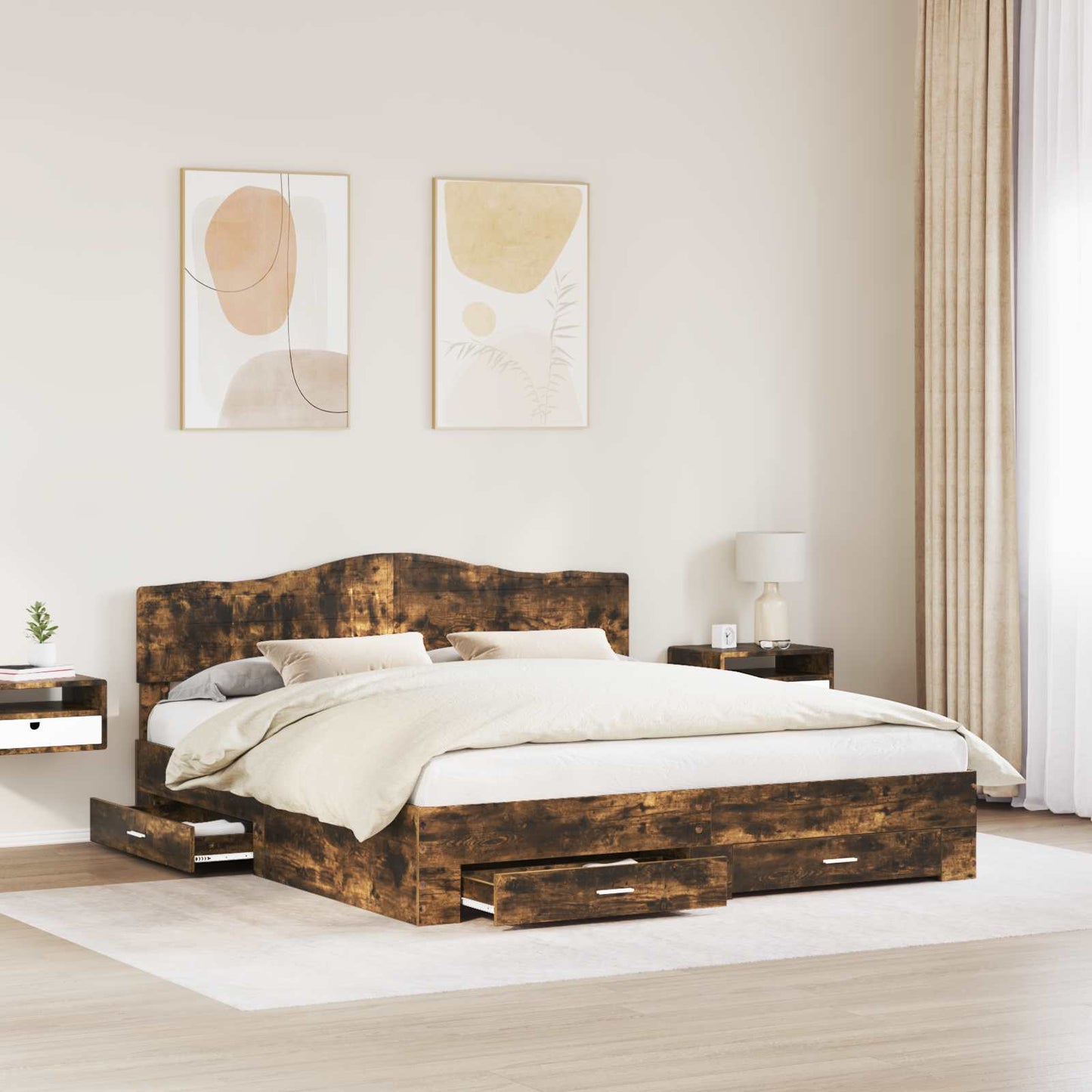 Bed Frame with Drawer Smoked Oak 200 x 200 cm Engineered Wood