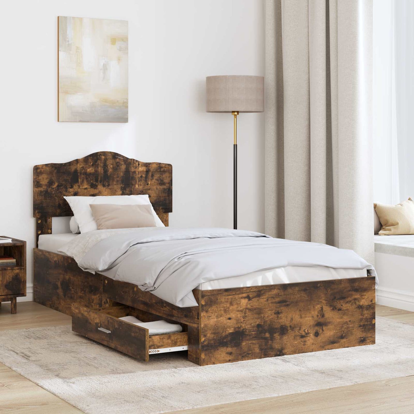Bed Frame with Drawer Smoked Oak 100 x 200 cm Engineered Wood