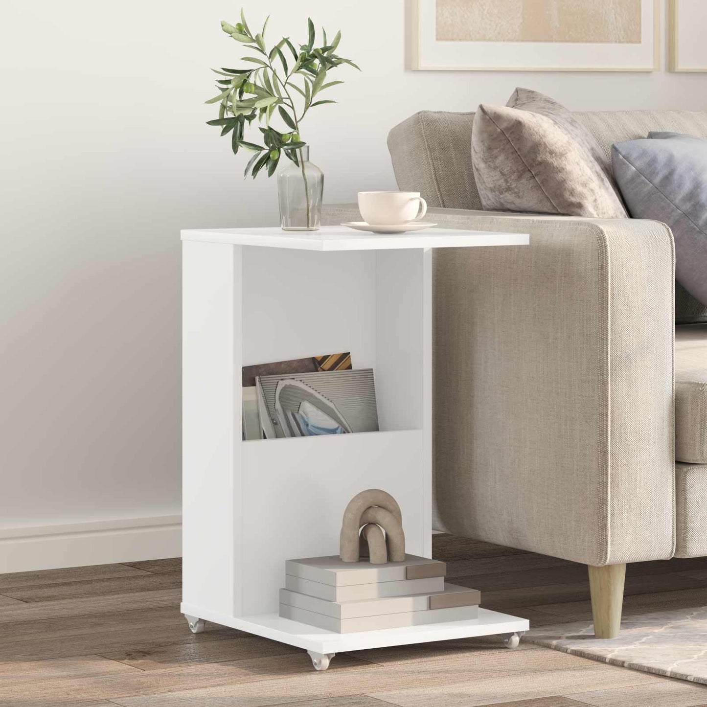 Side Table with Wheel White 40 x 35 x 60 cm Engineered Wood