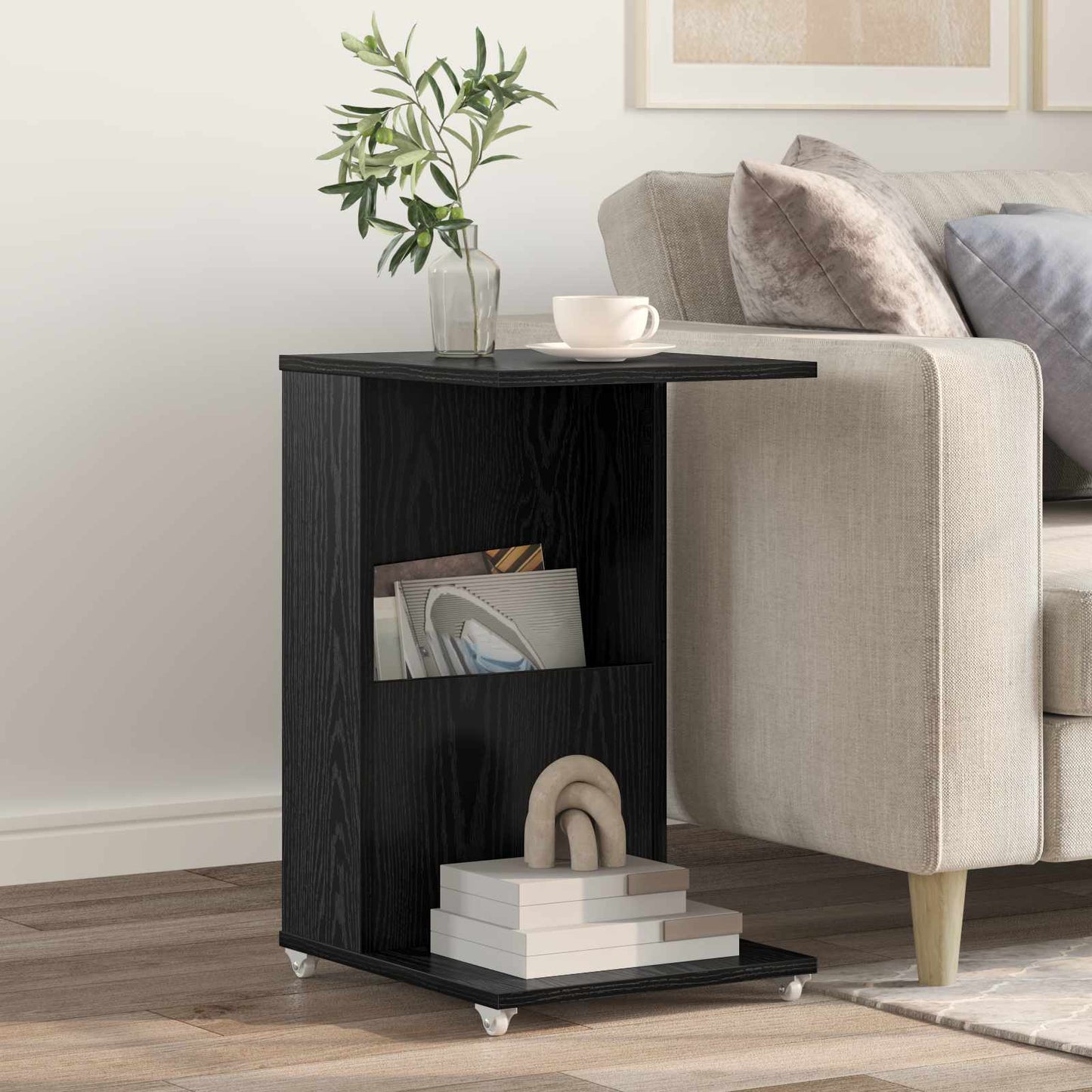 Side Table with Wheel Black Oak 40 x 35 x 60 cm Engineered Wood