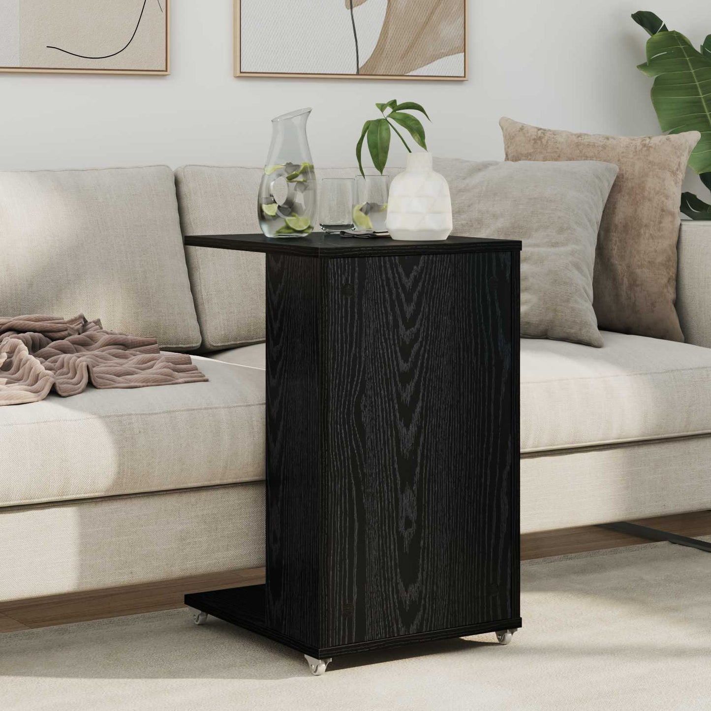 Side Table with Wheel Black Oak 40 x 35 x 60 cm Engineered Wood