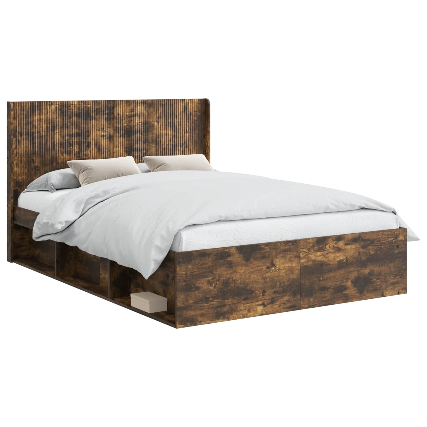Bed Frame with Storage and Headboard Smoked Oak 135 x 190 cm
