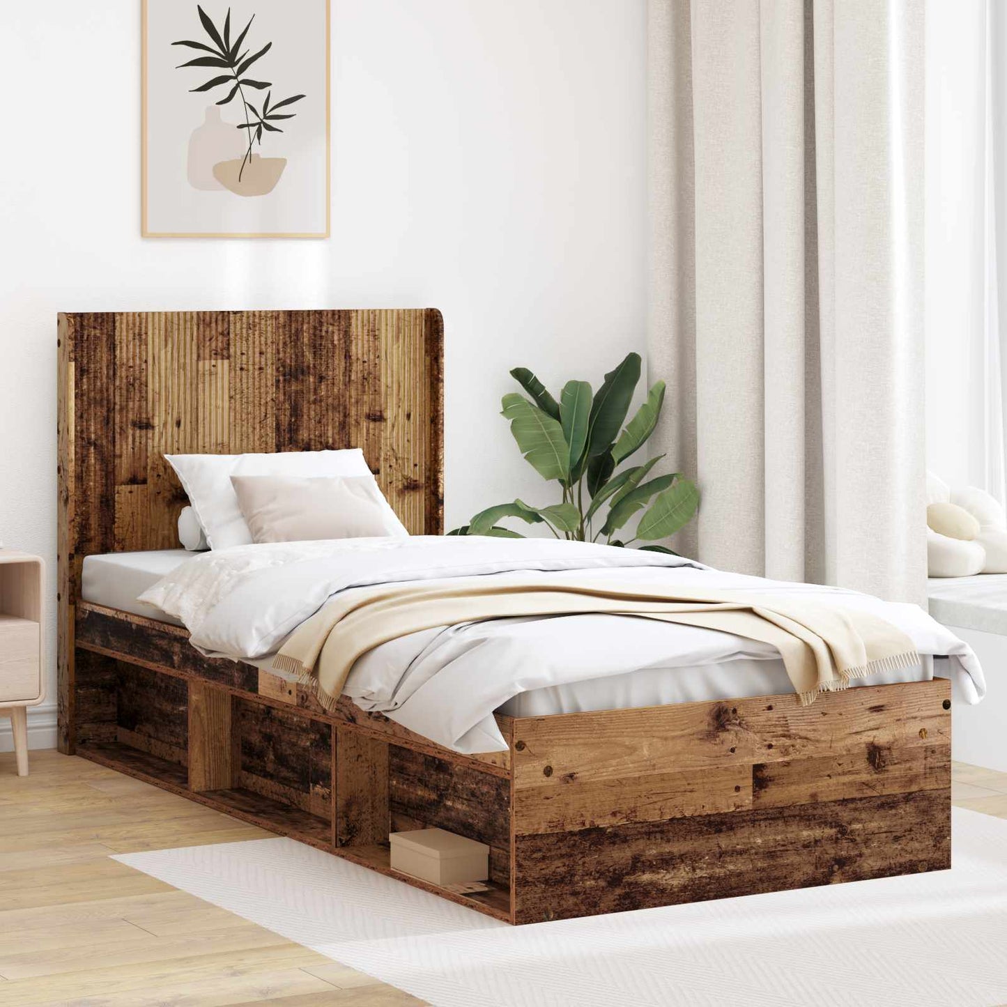 Bed Frame with Storage and Headboard Old Wood 90 x 200 cm