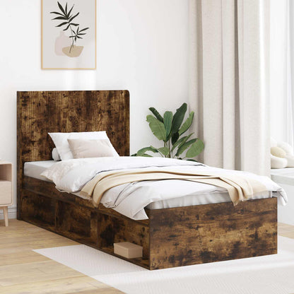 Bed Frame with Storage and Headboard Smoked Oak 90 x 190 cm