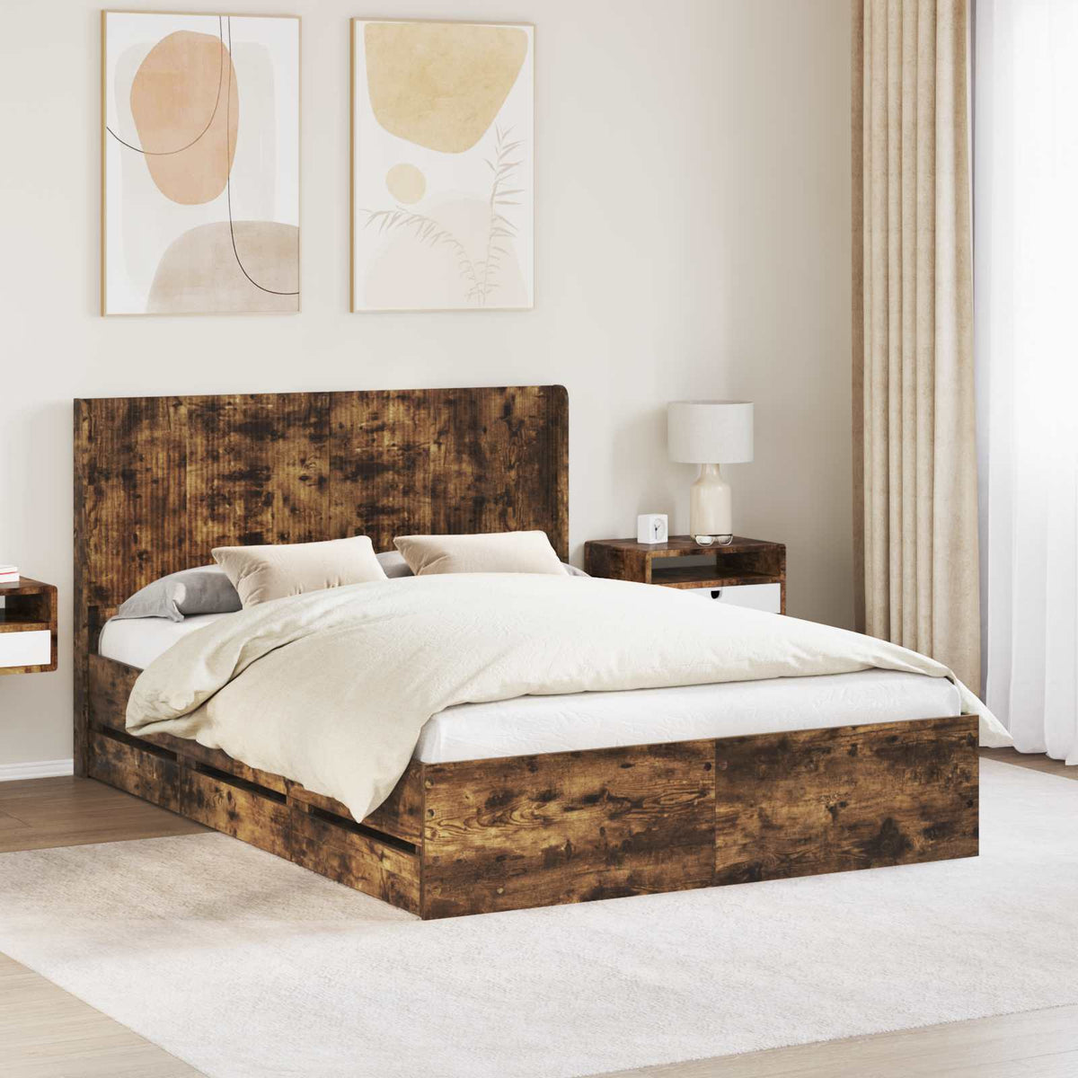 Bed Frame with Storage and Headboard Smoked Oak 135 x 190 cm