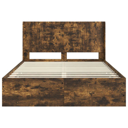 Bed Frame with Storage and Headboard Smoked Oak 135 x 190 cm