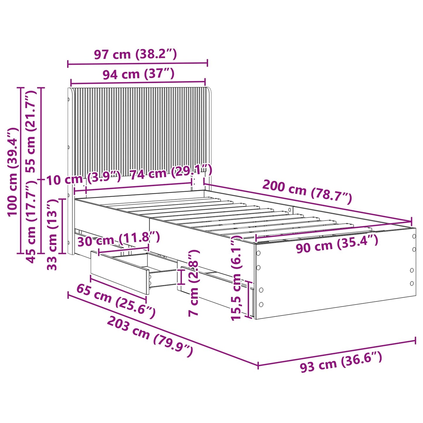 Bed Frame with Storage and Headboard Concrete Grey 90 x 200 cm