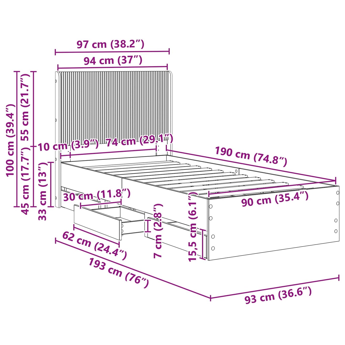 Bed Frame with Storage and Headboard Black 90 x 190 cm