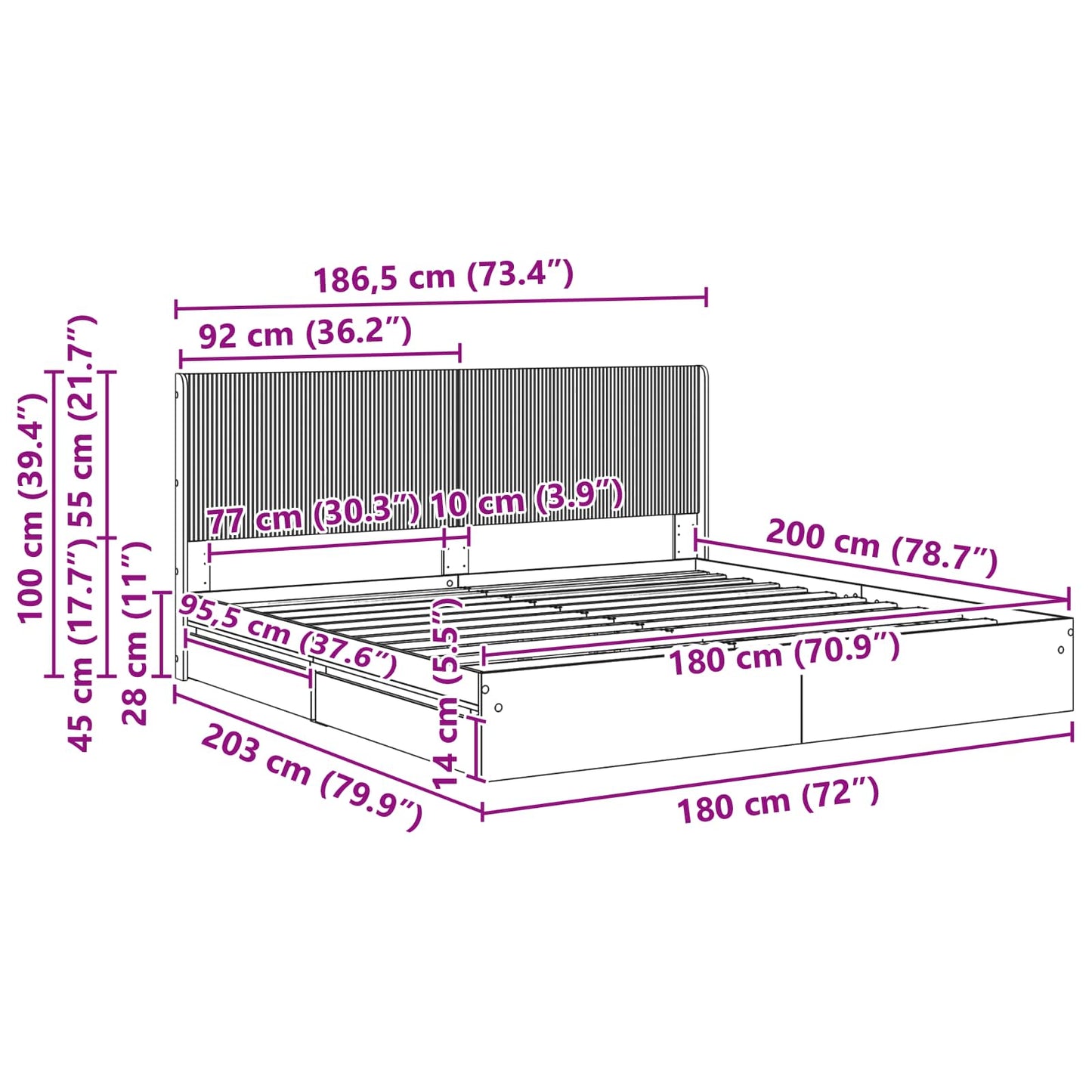 Bed Frame with Storage and Headboard White 180 x 200 cm
