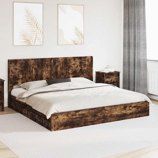 Bed Frame with Storage and Headboard Smoked Oak 180 x 200 cm