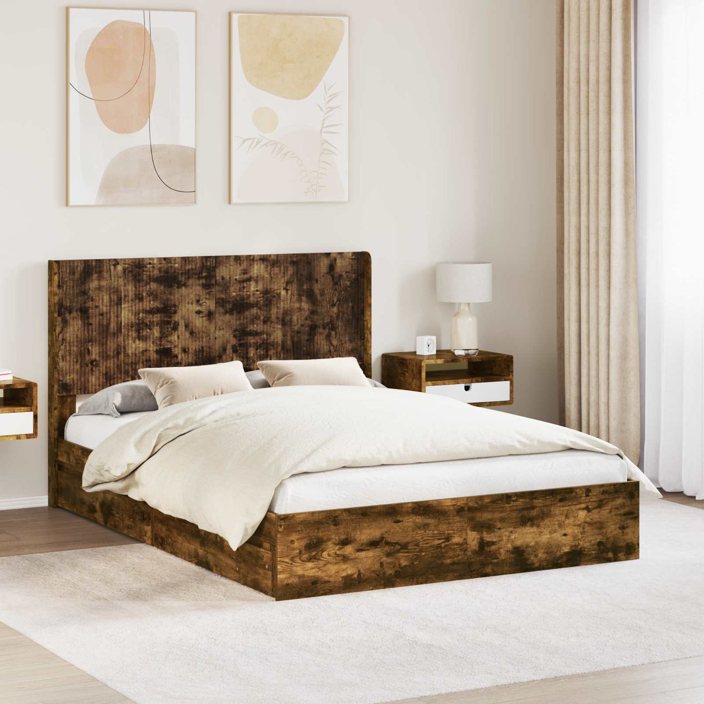 Bed Frame with Storage and Headboard Smoked Oak 160 x 200 cm