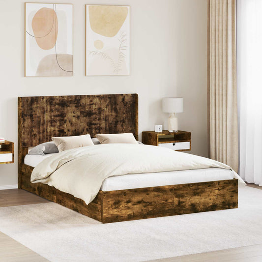 Bed Frame with Storage and Headboard Smoked Oak 160 x 200 cm