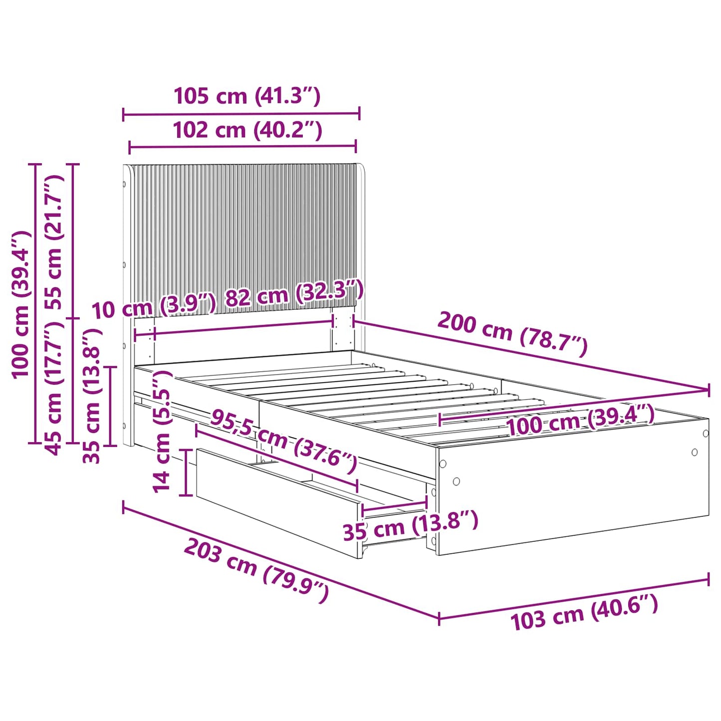 Bed Frame with Storage and Headboard Grey Sonoma 100 x 200 cm