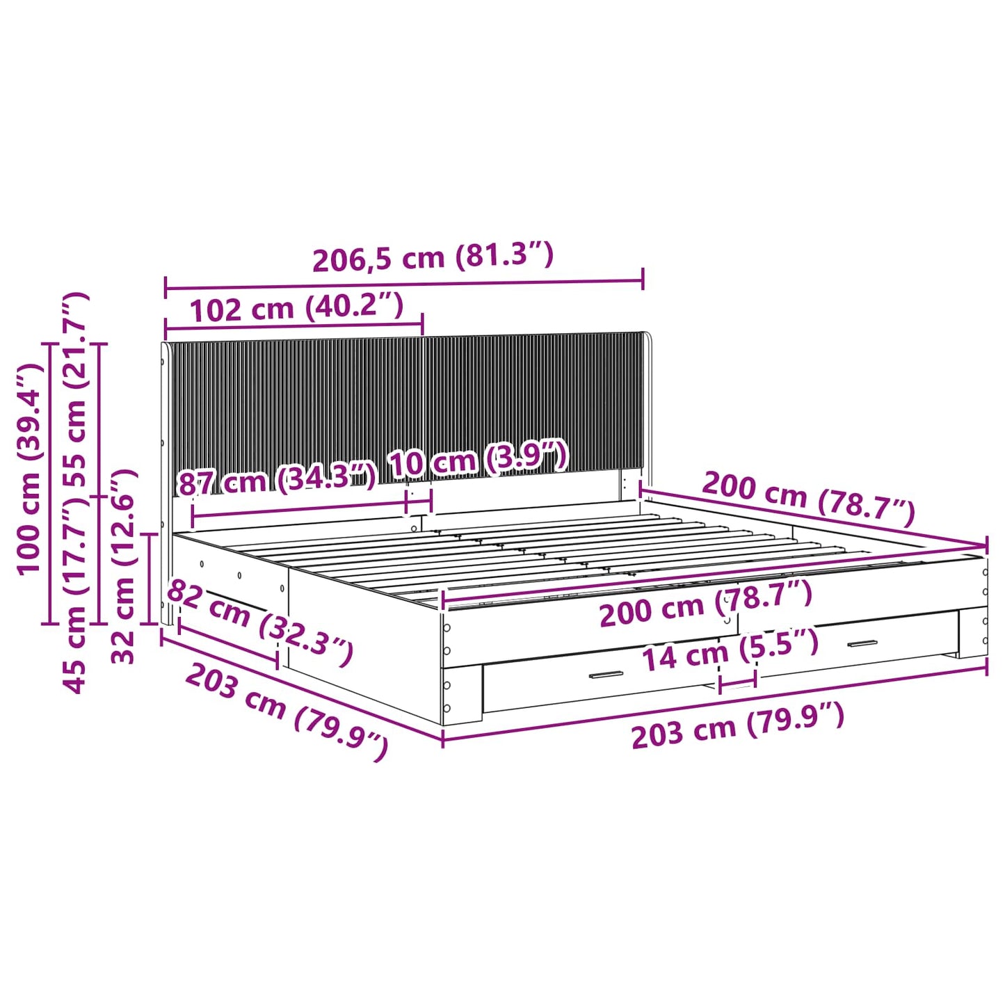 Bed Frame with Storage and Headboard Concrete Grey