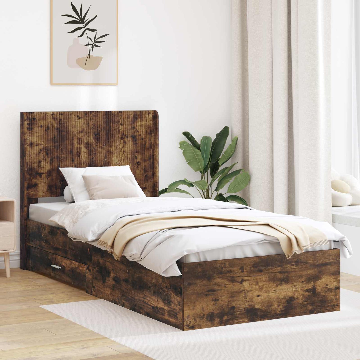 Bed Frame with Storage and Headboard Smoked Oak 100 x 200 cm