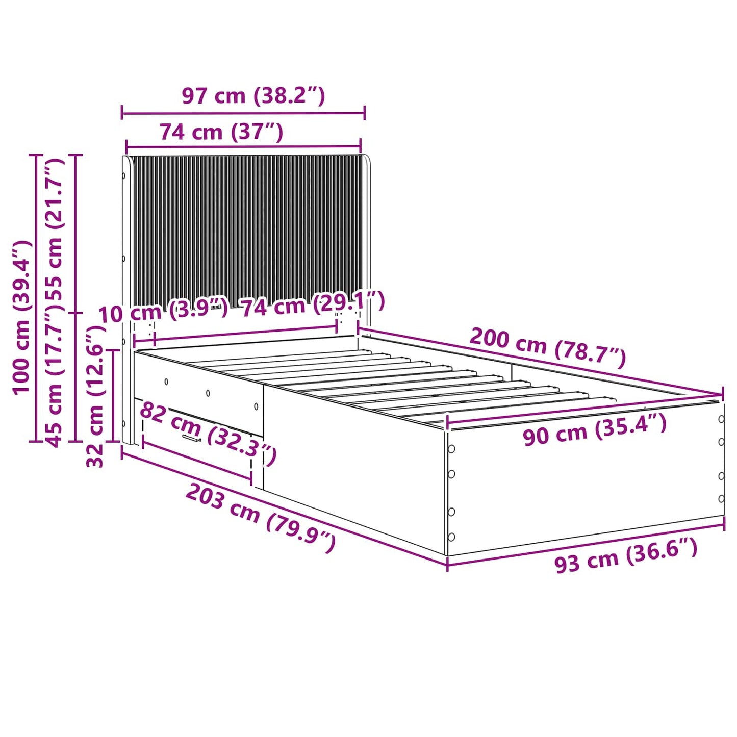 Bed Frame with Storage and Headboard Grey Sonoma