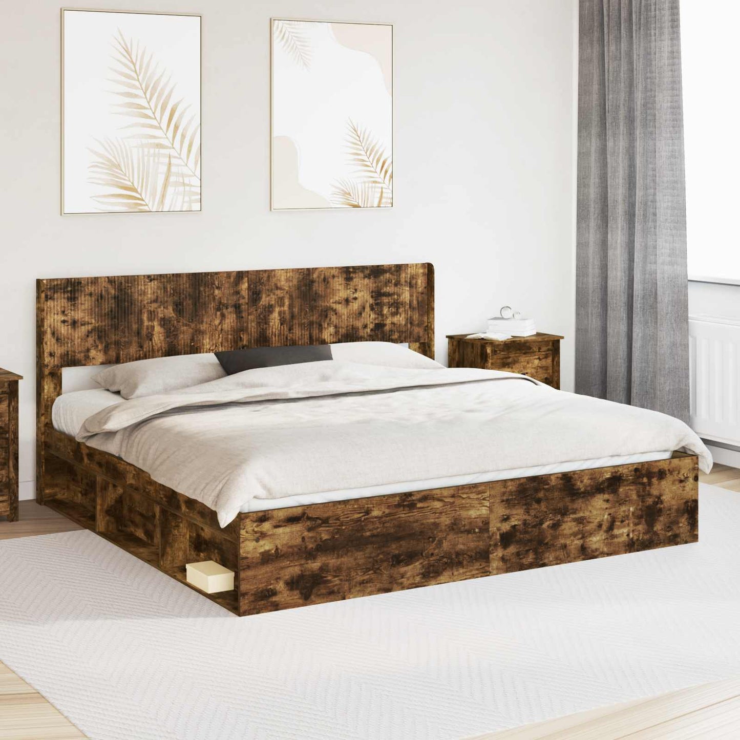 Bed Frame with Storage and Headboard Smoked Oak 180 x 200 cm