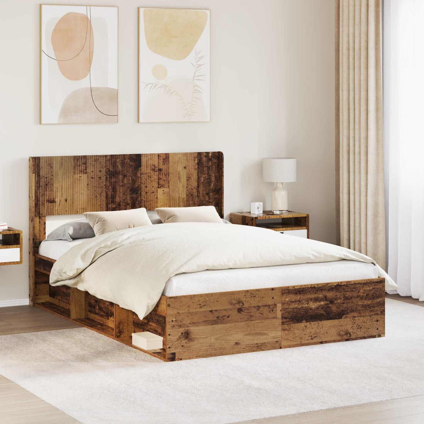 Bed Frame with Storage and Headboard Old Wood 140 x 190 cm