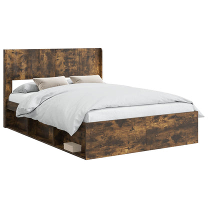 Bed Frame with Storage and Headboard Smoked Oak 135 x 190 cm