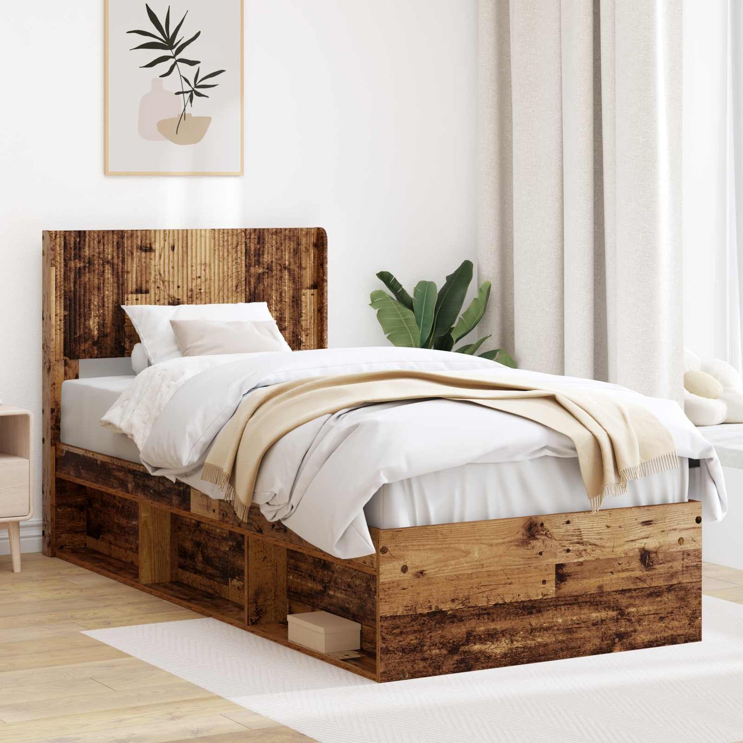 Bed Frame with Storage and Headboard Old Wood 90 x 200 cm