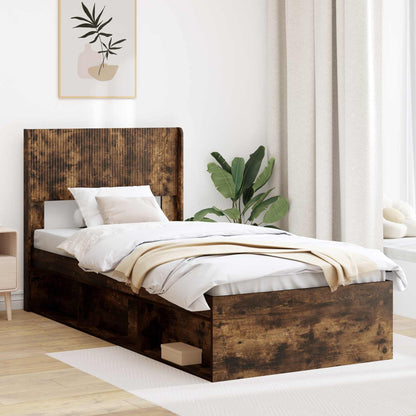 Bed Frame with Storage and Headboard Smoked Oak 90 x 190 cm