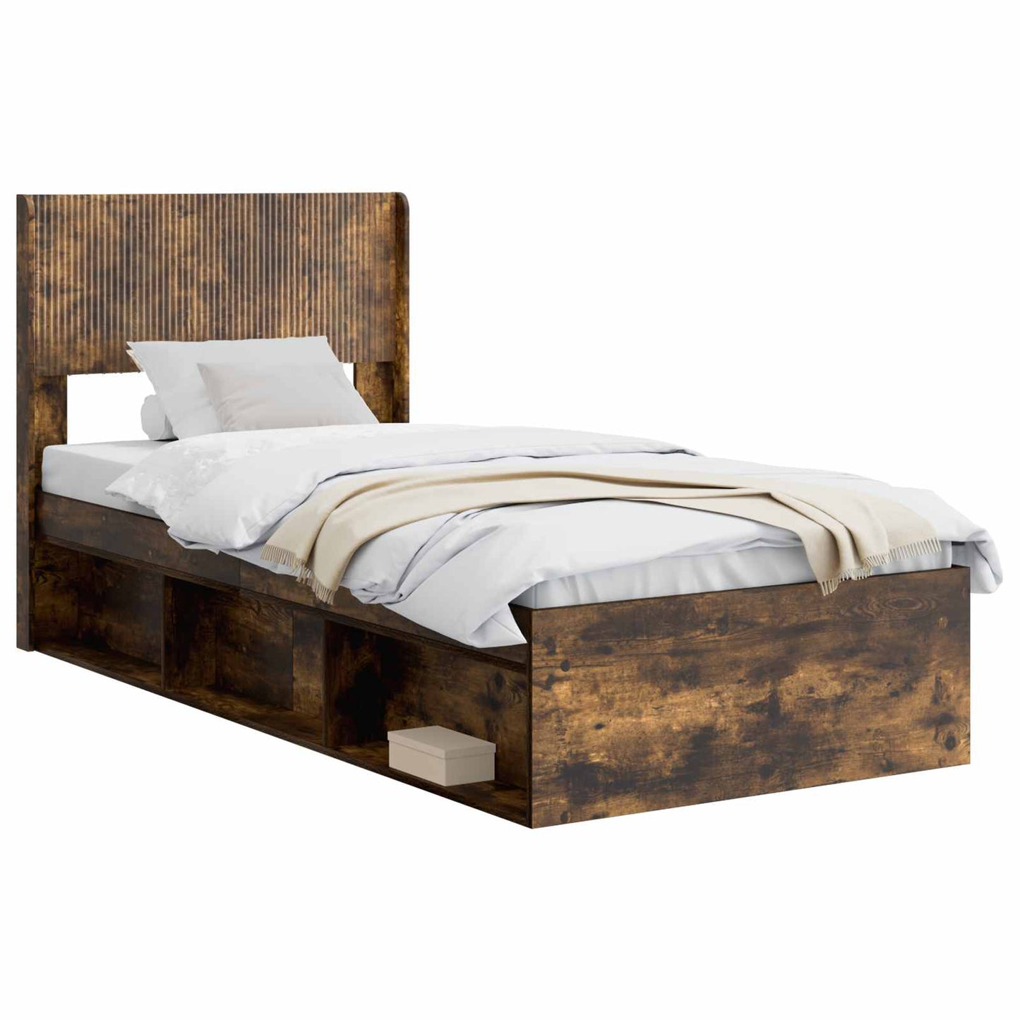 Bed Frame with Storage and Headboard Smoked Oak 90 x 190 cm