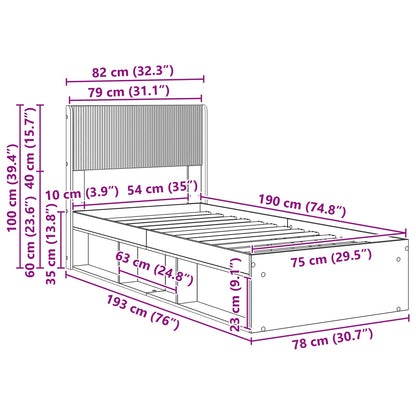 Bed Frame with Storage and Headboard Black 75 x 190 cm