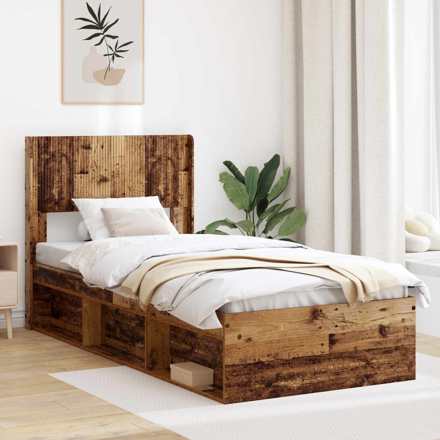 Bed Frame with Storage and Headboard Old Wood 75 x 190 cm