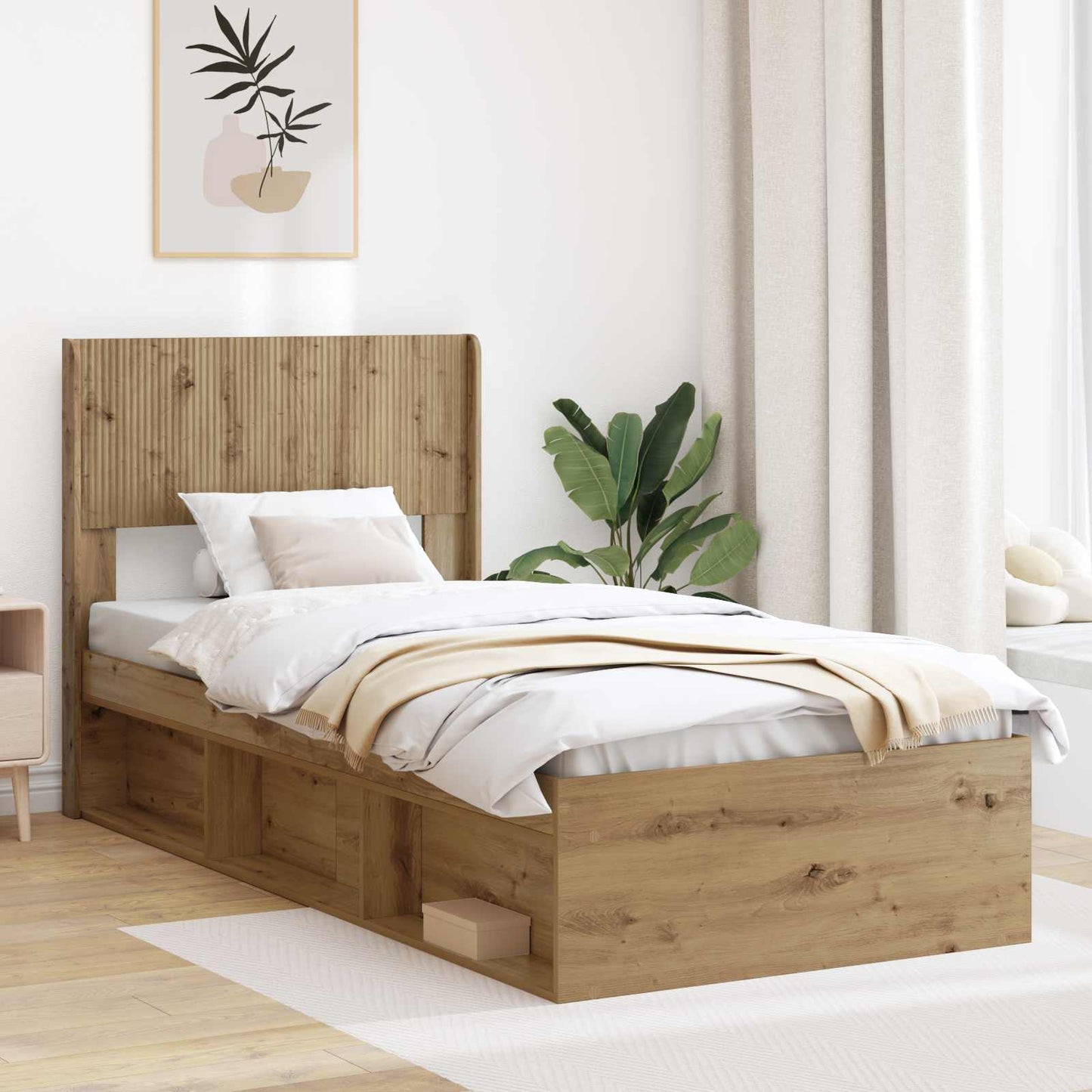 Bed Frame with Storage and Headboard Artisan Oak 75 x 190 cm