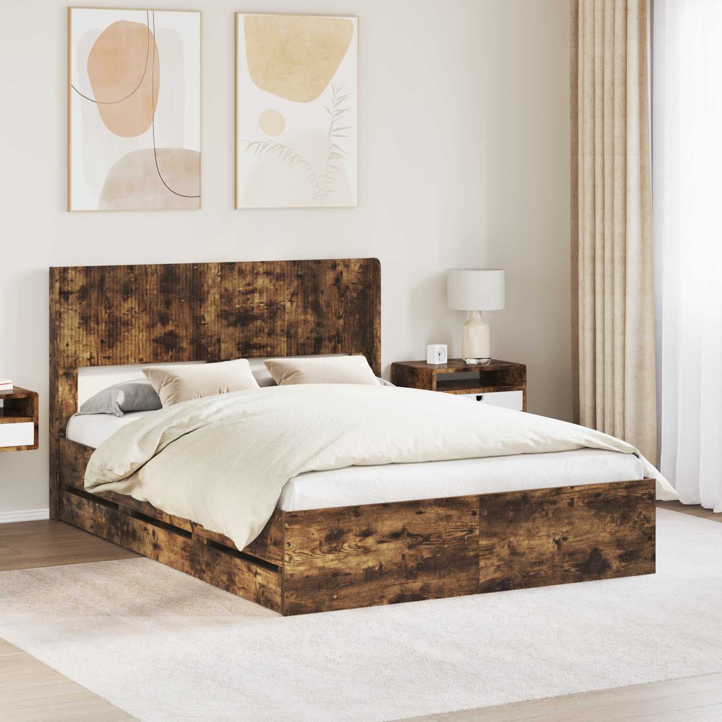 Bed Frame with Storage and Headboard Smoked Oak 150 x 200 cm