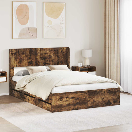 Bed Frame with Storage and Headboard Smoked Oak 120 x 190 cm