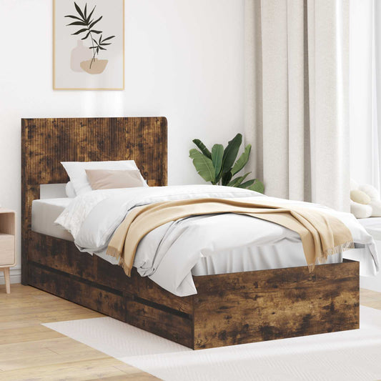 Bed Frame with Storage and Headboard Smoked Oak 100 x 200 cm