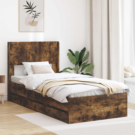 Bed Frame with Storage and Headboard Smoked Oak 90 x 190 cm