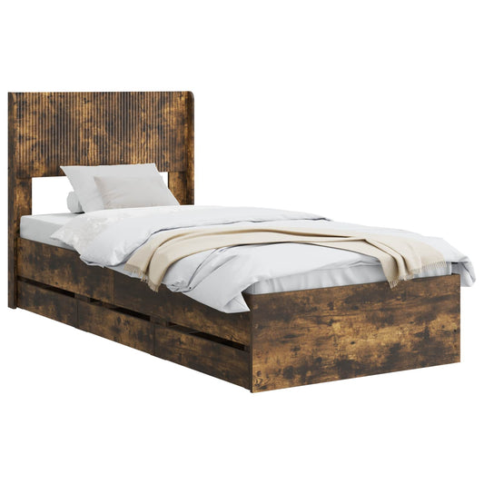 Bed Frame with Storage and Headboard Smoked Oak 75 x 190 cm