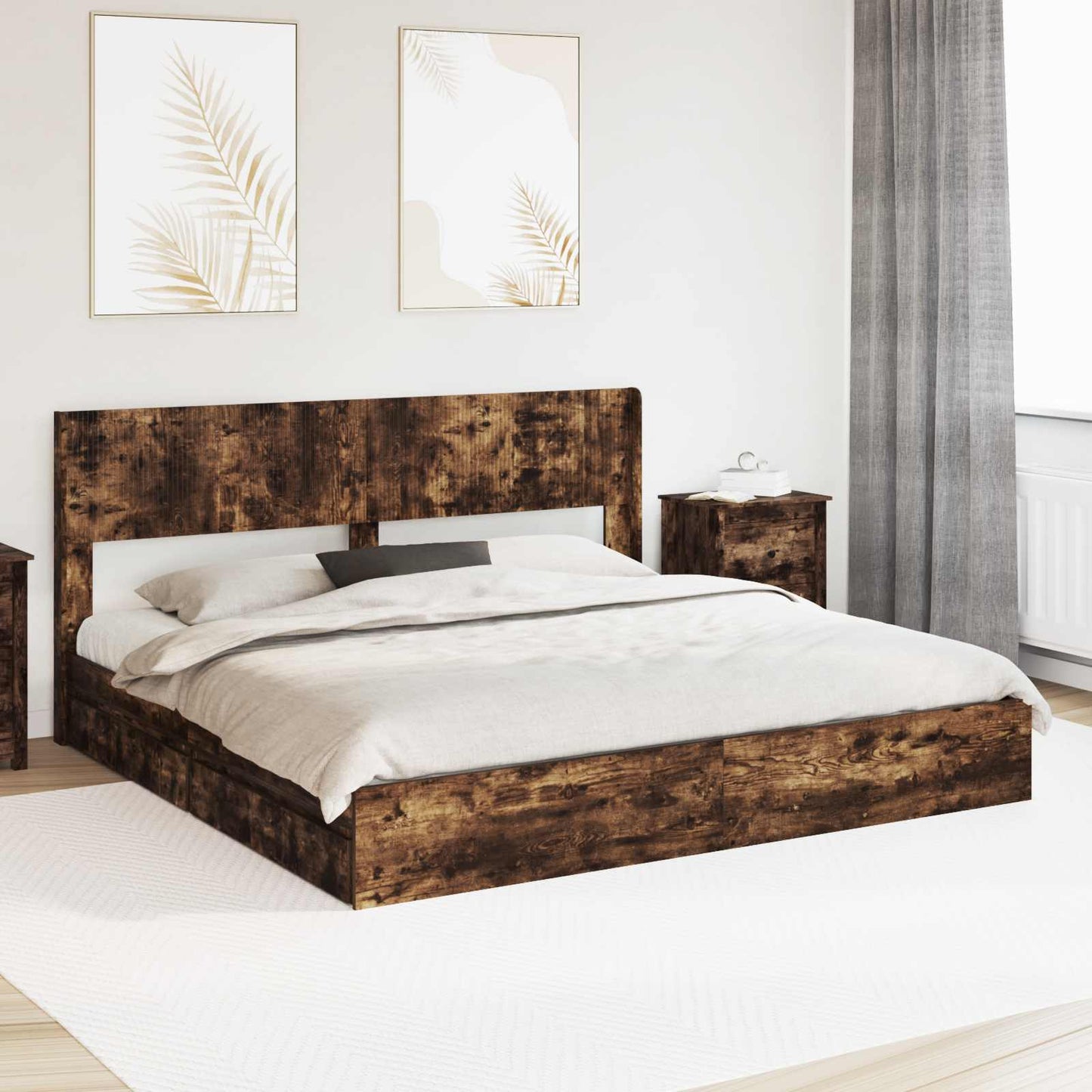 Bed Frame with Storage and Headboard Smoked Oak 180 x 200 cm