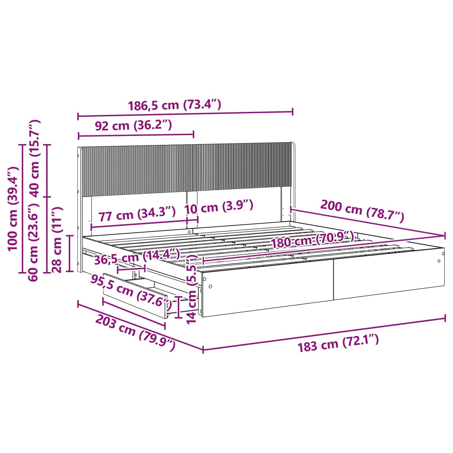 Bed Frame with Storage and Headboard Grey Sonoma 180 x 200 cm