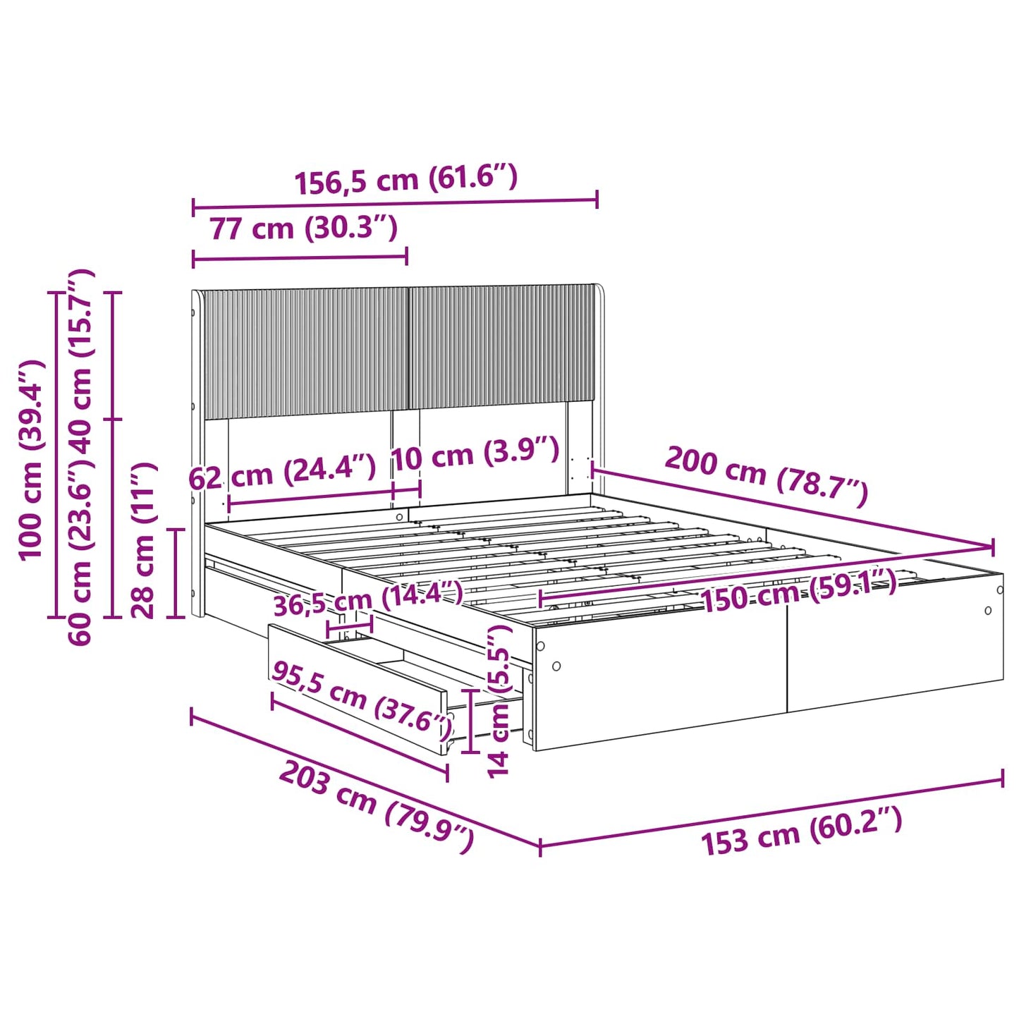 Bed Frame with Storage and Headboard Grey Sonoma 150 x 200 cm