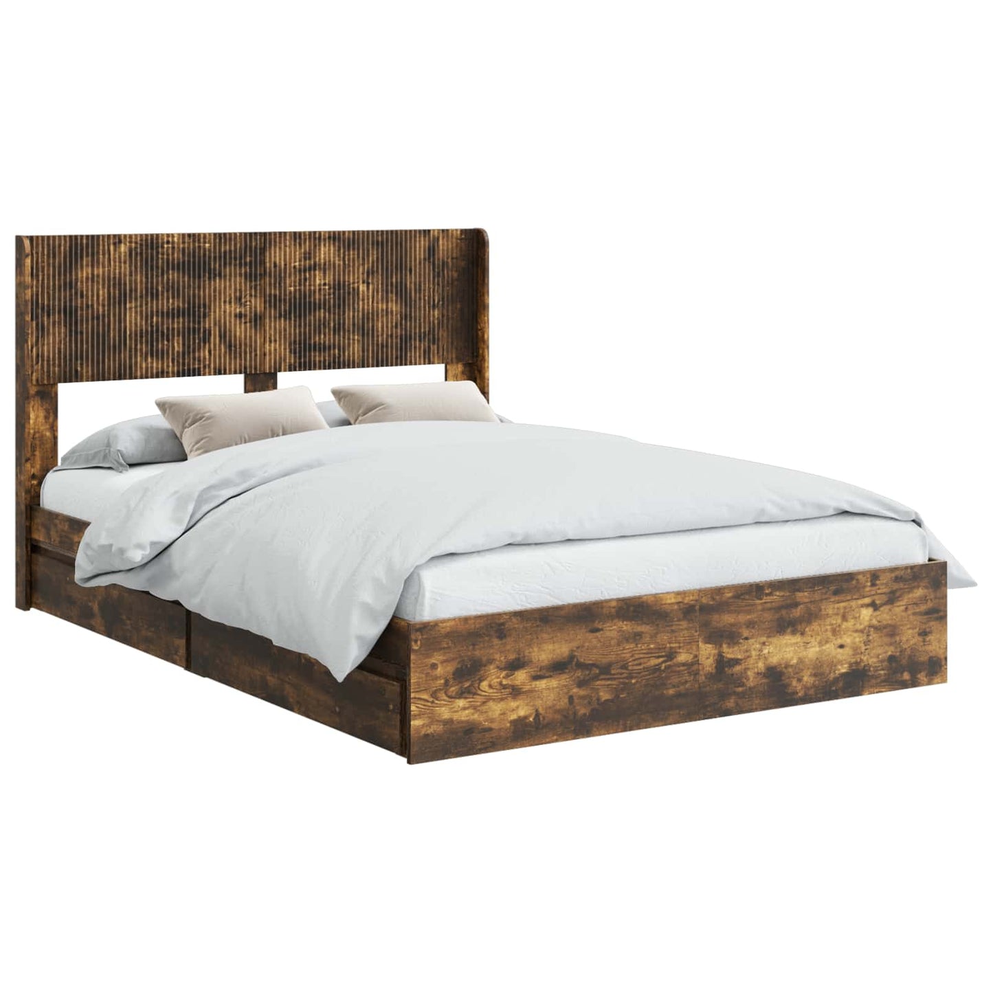 Bed Frame with Storage and Headboard Smoked Oak 135 x 190 cm