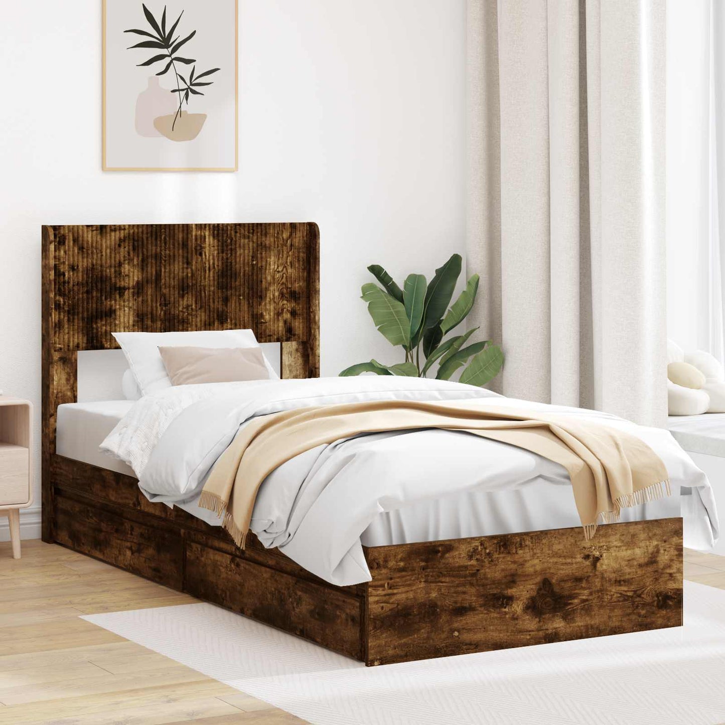 Bed Frame with Storage and Headboard Smoked Oak 100 x 200 cm