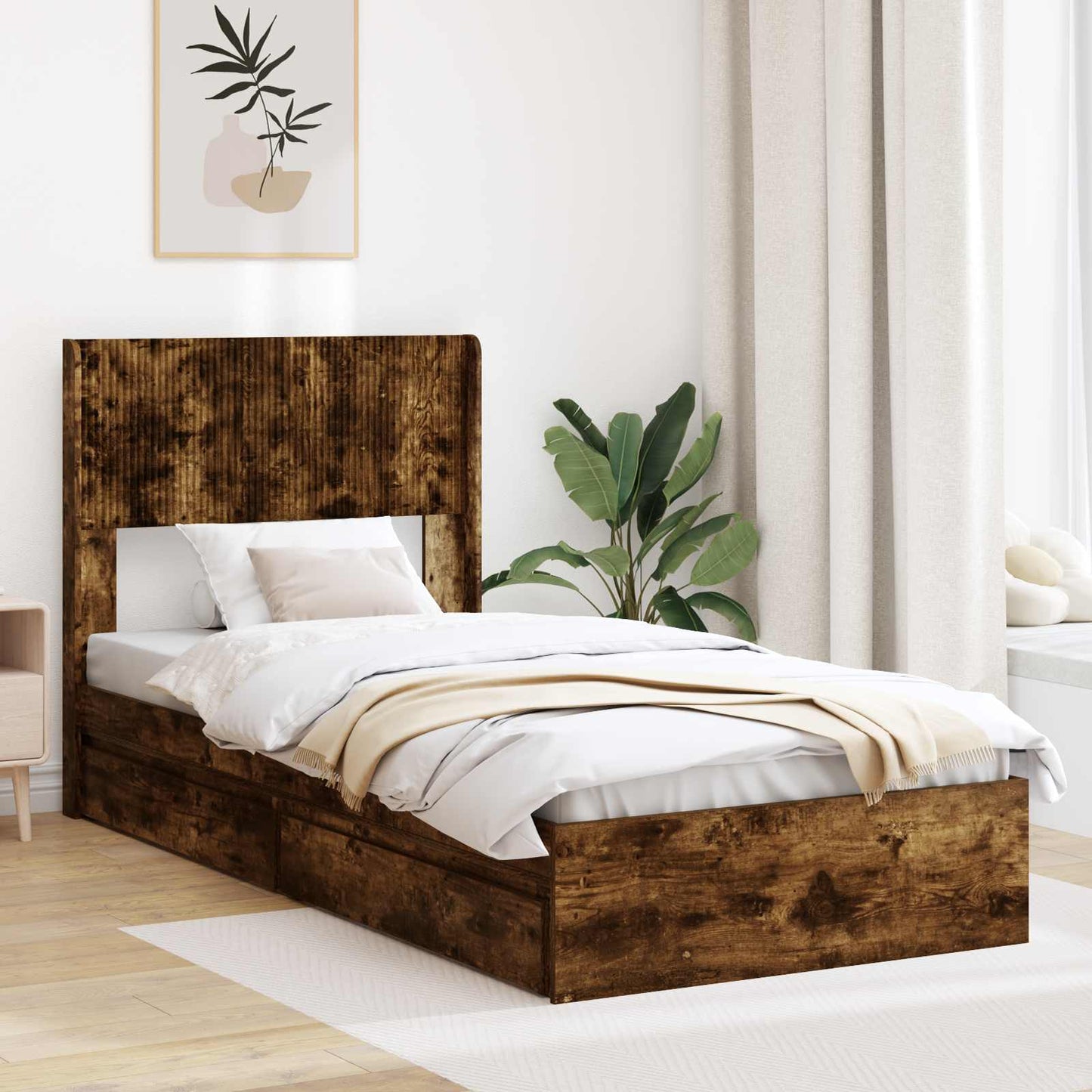 Bed Frame with Storage and Headboard Smoked Oak 75 x 190 cm