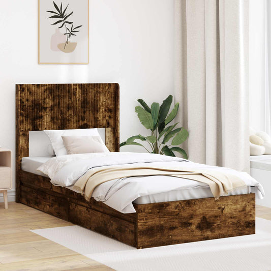 Bed Frame with Storage and Headboard Smoked Oak 75 x 190 cm