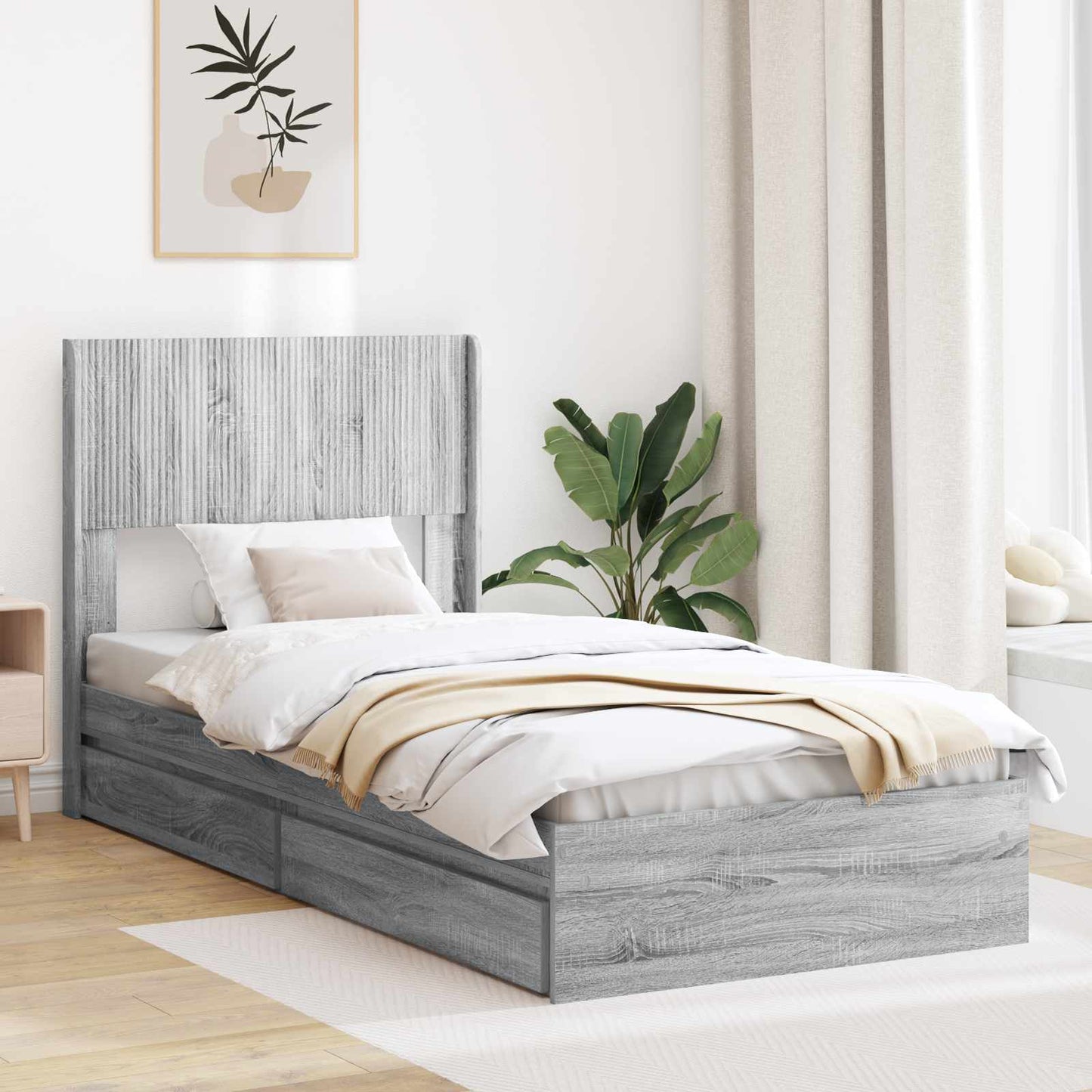 Bed Frame with Storage and Headboard Grey Sonoma 75 x 190 cm