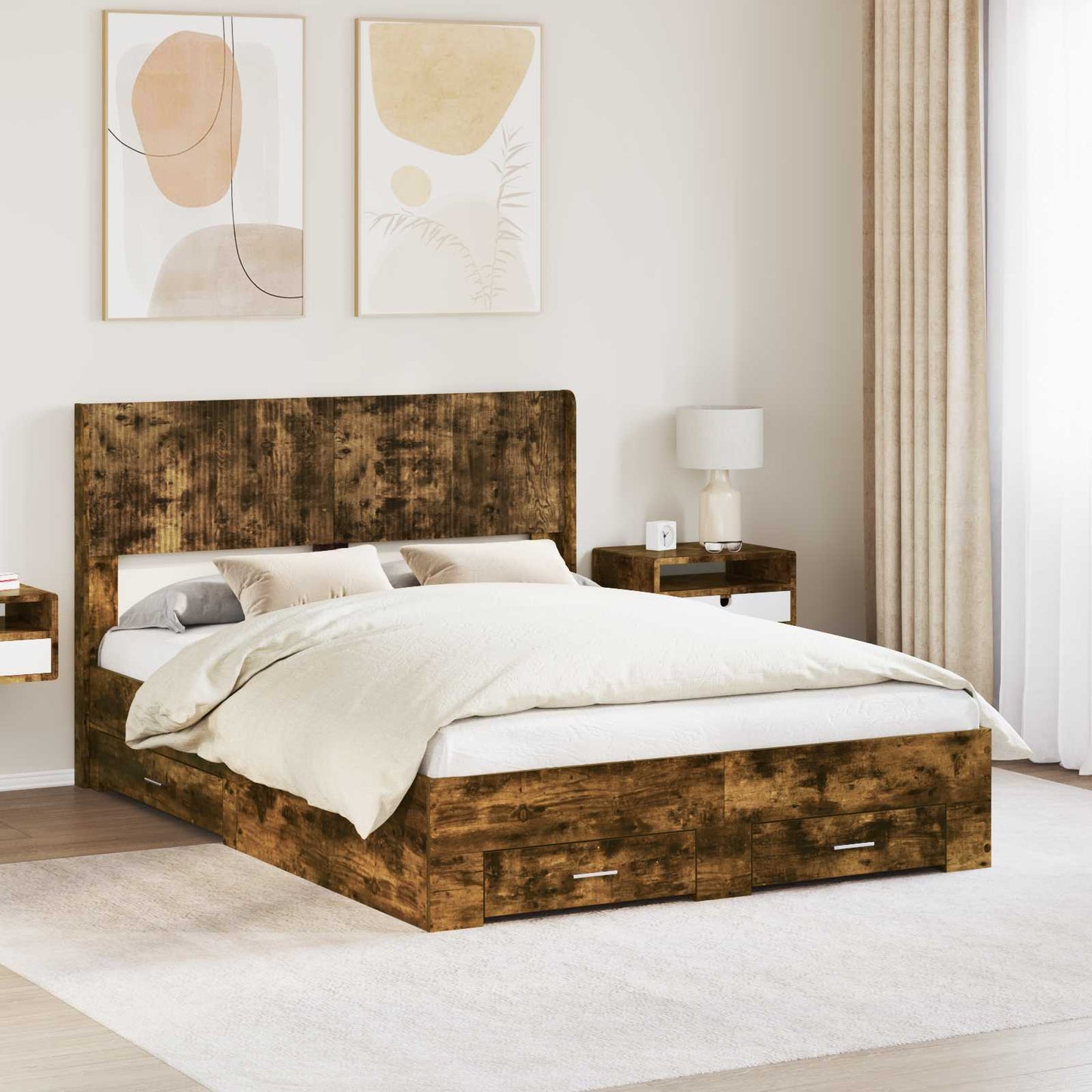 Bed Frame with Storage and Headboard Smoked Oak 150 x 200 cm