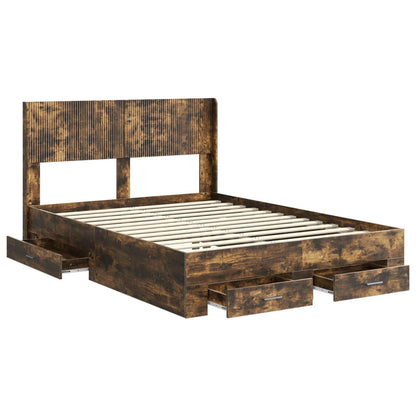 Bed Frame with Storage and Headboard Smoked Oak 135 x 190 cm