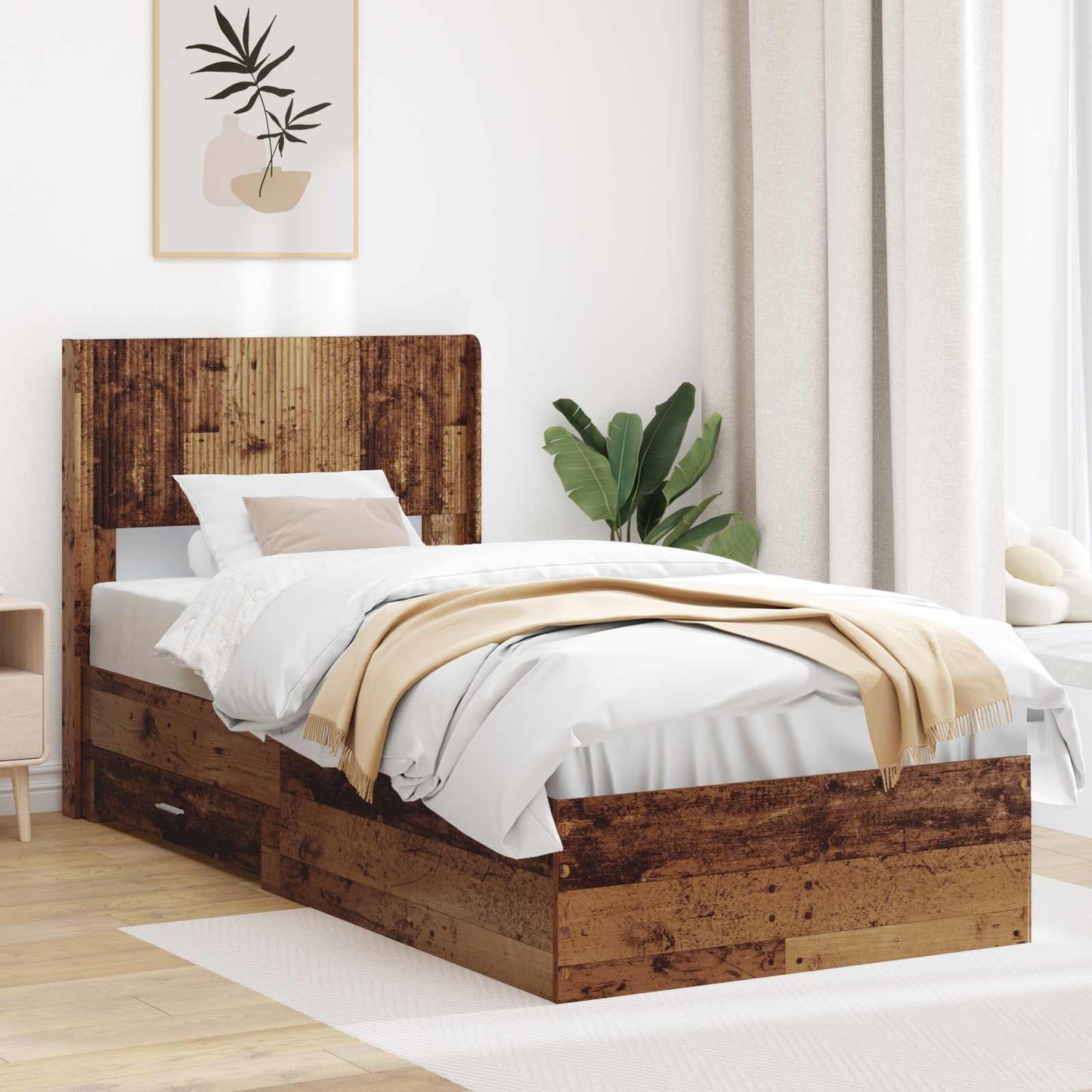 Bed Frame with Storage and Headboard Old Wood 90 x 190 cm